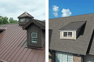 Before and after comparison of a metal roof vs asphalt shingles replacement.