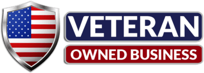 Shield-shaped logo with the american flag and the text "veteran owned business" indicating a business owned by a military veteran.