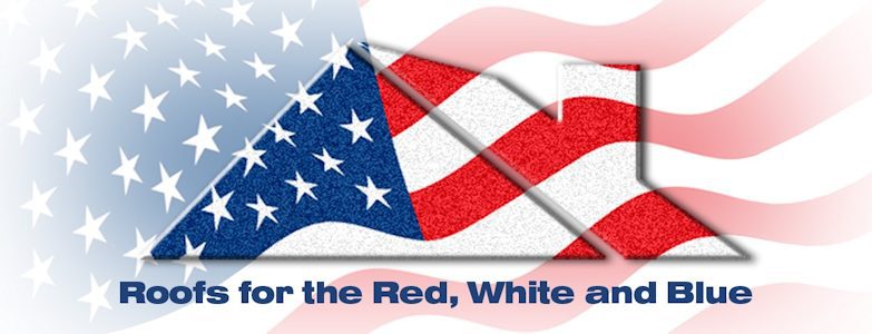 Graphic illustrating a shingled roof with an american flag design, accompanied by the slogan "roofs for the red, white and blue.
