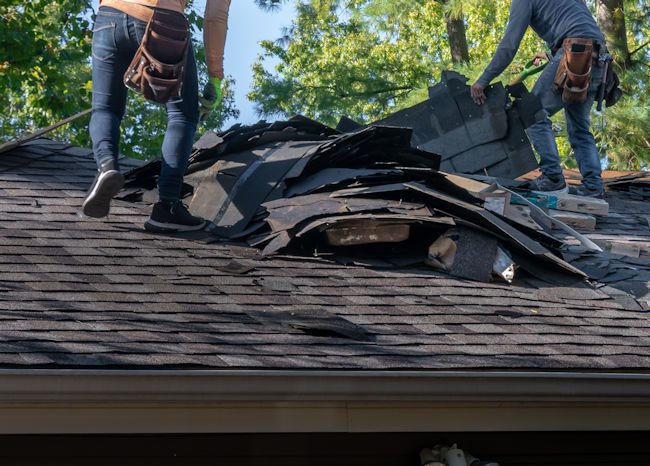 Two men working on a roof with shingles.
