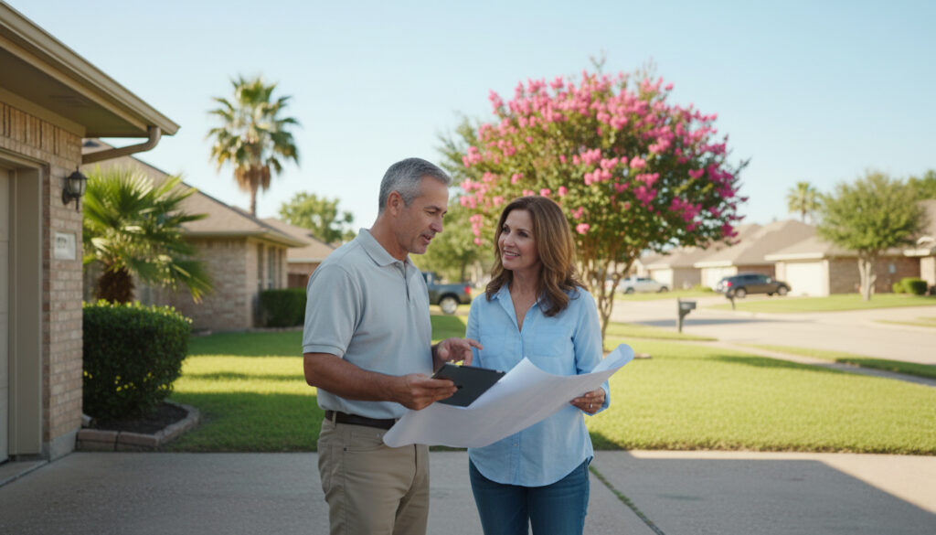 Roofing professional in San Antonio explaining roof repair options to homeowner