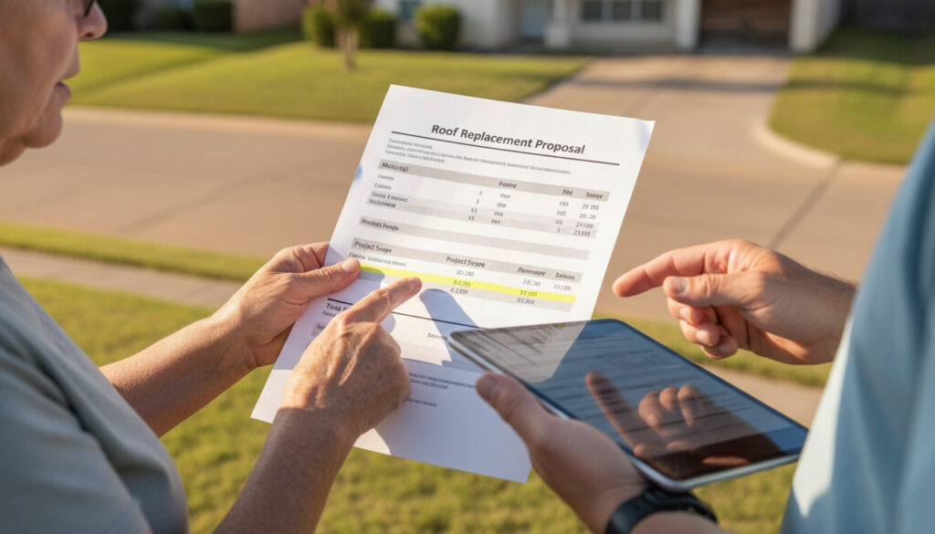Homeowner reviewing a roof replacement quote with contractor while discussing pricing and scope outside a residential property.