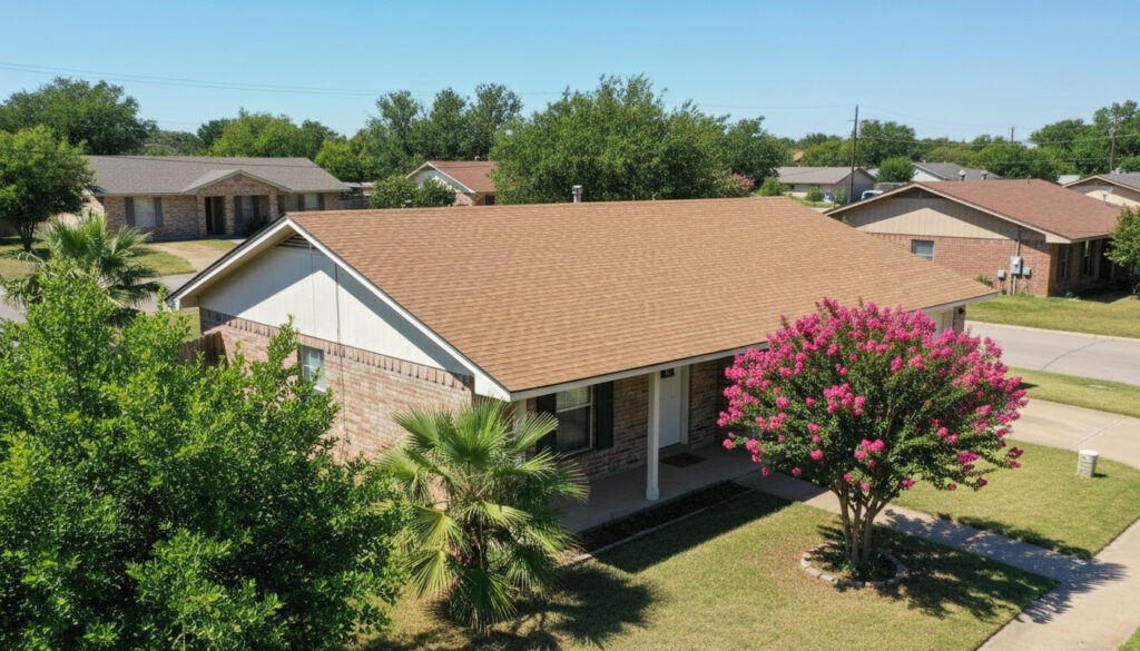 Brick home in San Antonio featuring consistent roof shingle color that maintains strong curb appeal