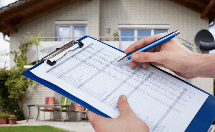 Person holding blue clipboard with inspection checklist in front of residential home, evaluating roof and gutter condition