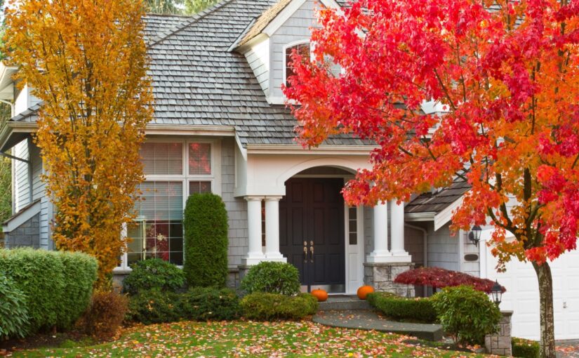 Modern home with white exterior and dark roof surrounded by vibrant red and orange fall foliage trees, manicured landscaping, and pumpkins on the front porch