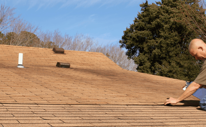 Roofer conducting fall roof inspection on brown asphalt shingle roof with visible vents and gutters against clear sky